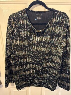 BonWorth Black Multicolor Patterned Knit Top with Decorative Neck Detail